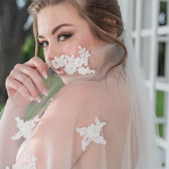 Beaded ivory lace trim fingertip wedding veil